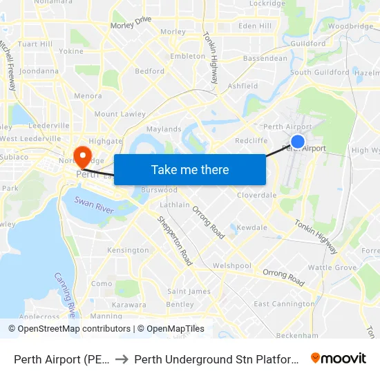 Perth Airport (PER) to Perth Underground Stn Platform 1 map