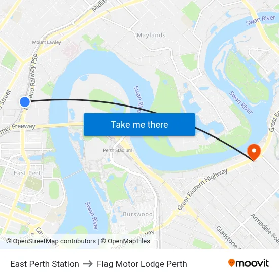 East Perth Station to Flag Motor Lodge Perth map
