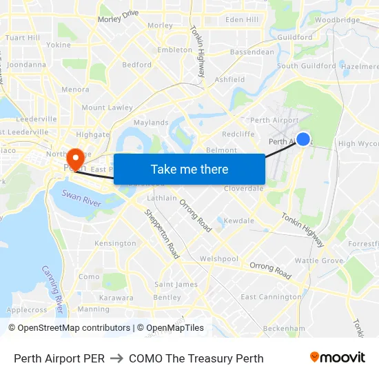 Perth Airport PER to COMO The Treasury Perth map