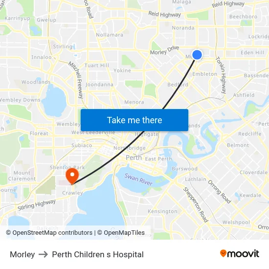 Morley to Perth Children s Hospital map