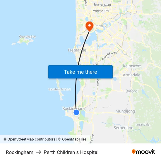 Rockingham to Perth Children s Hospital map