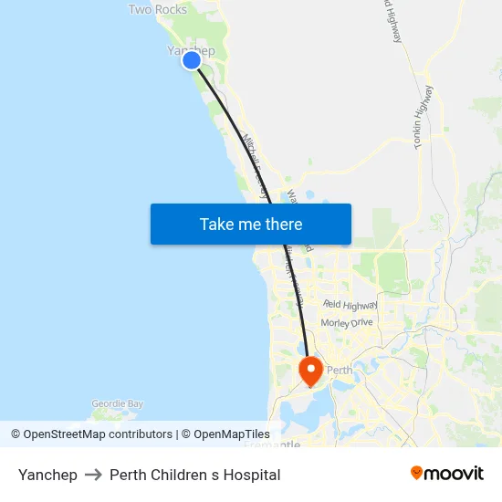 Yanchep to Perth Children s Hospital map