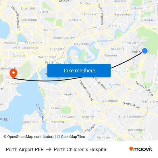 Perth Airport PER to Perth Children s Hospital map