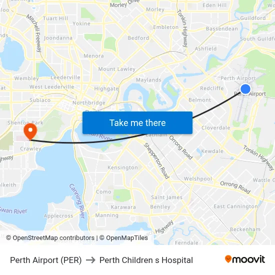 Perth Airport (PER) to Perth Children s Hospital map