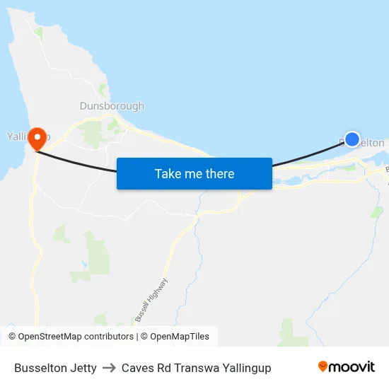 Busselton Jetty to Caves Rd Transwa Yallingup map