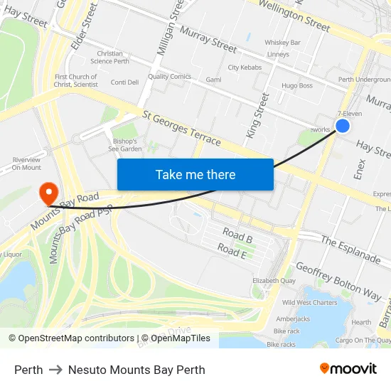 Perth to Nesuto Mounts Bay Perth map