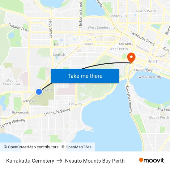 Karrakatta Cemetery to Nesuto Mounts Bay Perth map