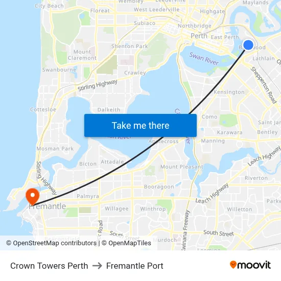 Crown Towers Perth to Fremantle Port map