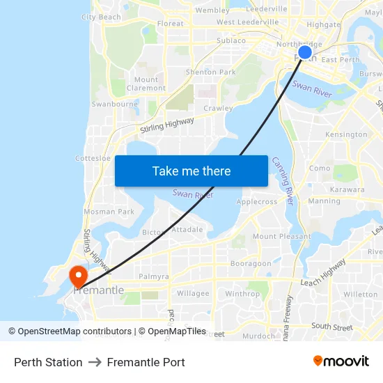 Perth Station to Fremantle Port map