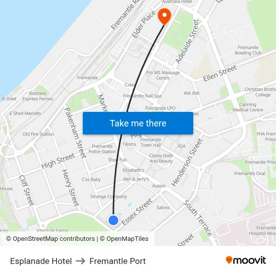 Esplanade Hotel to Fremantle Port map