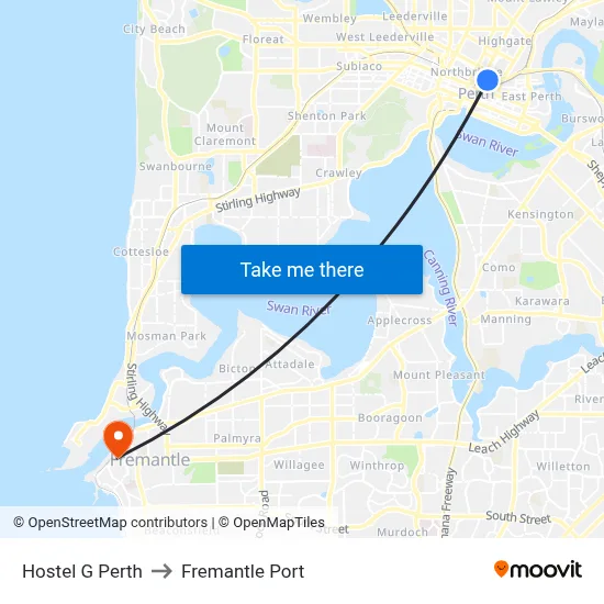 Hostel G Perth to Fremantle Port map
