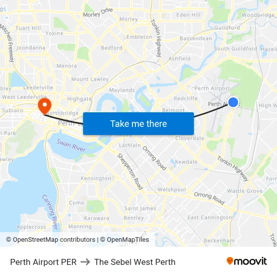 Perth Airport PER to The Sebel West Perth map
