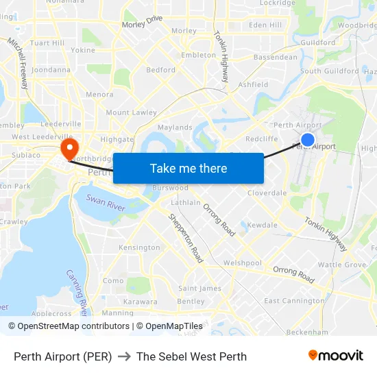 Perth Airport (PER) to The Sebel West Perth map