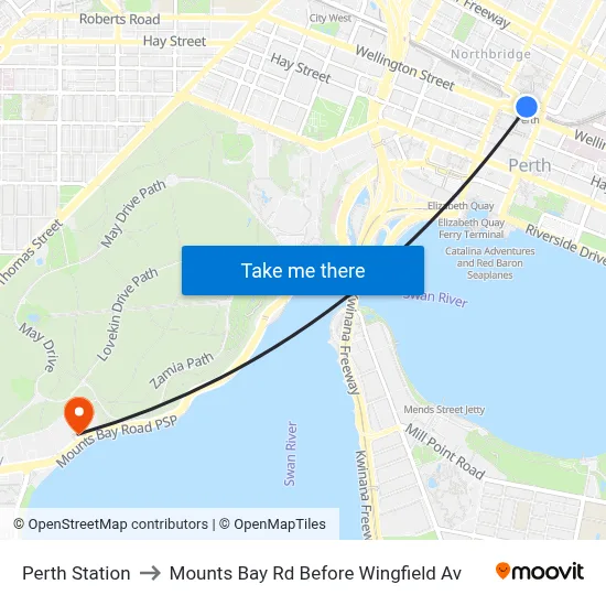 Perth Station to Mounts Bay Rd Before Wingfield Av map
