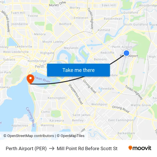 Perth Airport (PER) to Mill Point Rd Before Scott St map