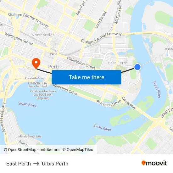 East Perth to Urbis Perth map
