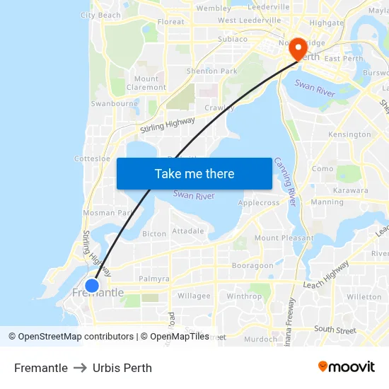 Fremantle to Urbis Perth map
