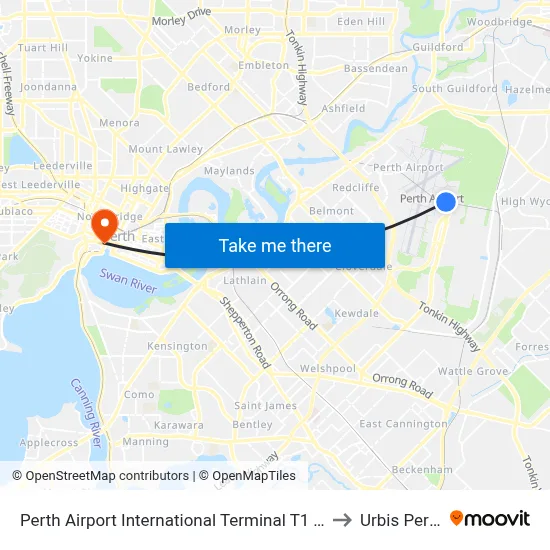 Perth Airport International Terminal T1 T2 to Urbis Perth map