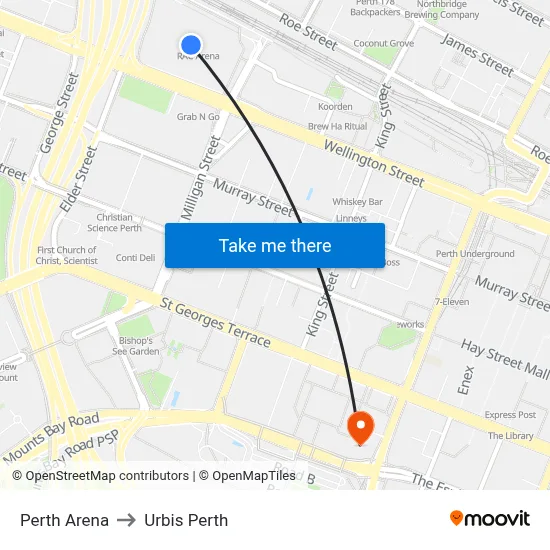 Perth Arena to Urbis Perth map