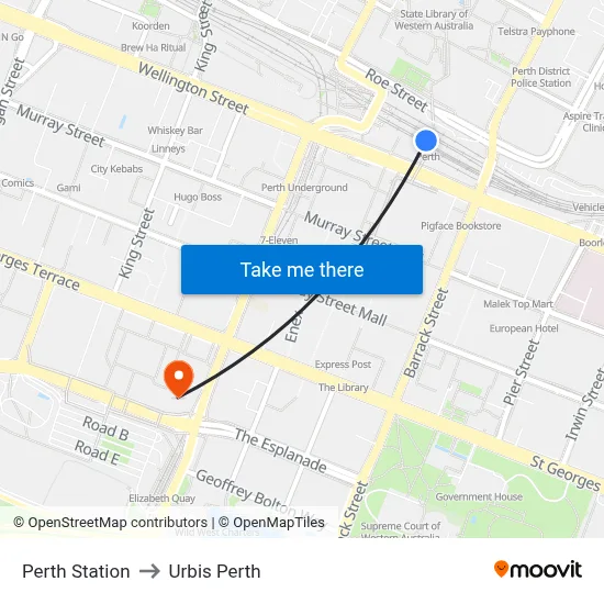 Perth Station to Urbis Perth map