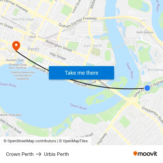 Crown Perth to Urbis Perth map