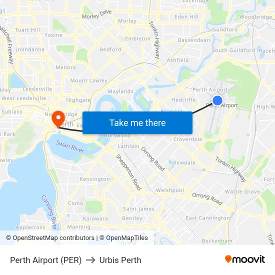 Perth Airport (PER) to Urbis Perth map