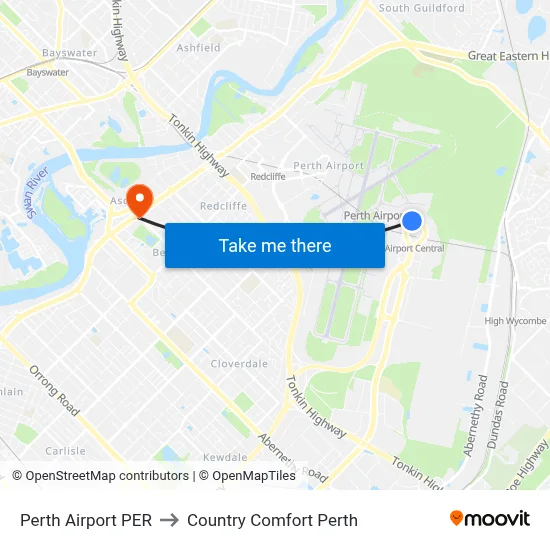 Perth Airport PER to Country Comfort Perth map