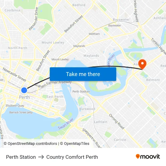 Perth Station to Country Comfort Perth map
