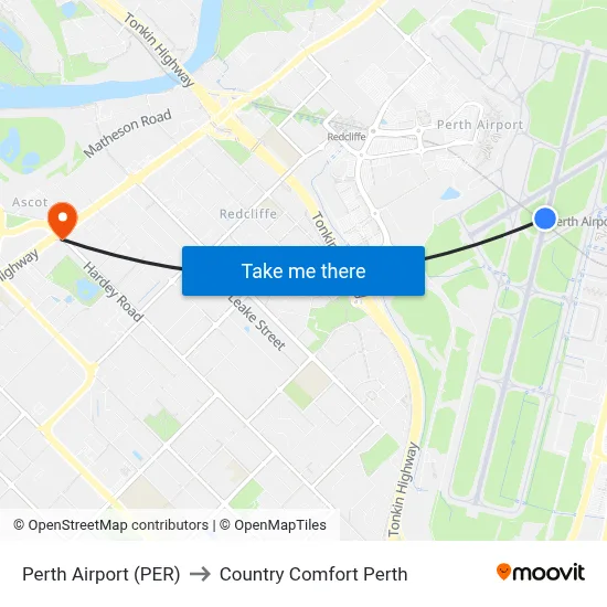 Perth Airport (PER) to Country Comfort Perth map