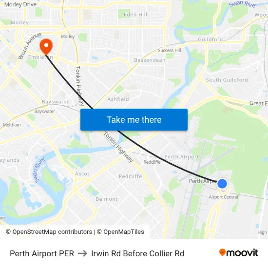 Perth Airport PER to Irwin Rd Before Collier Rd map