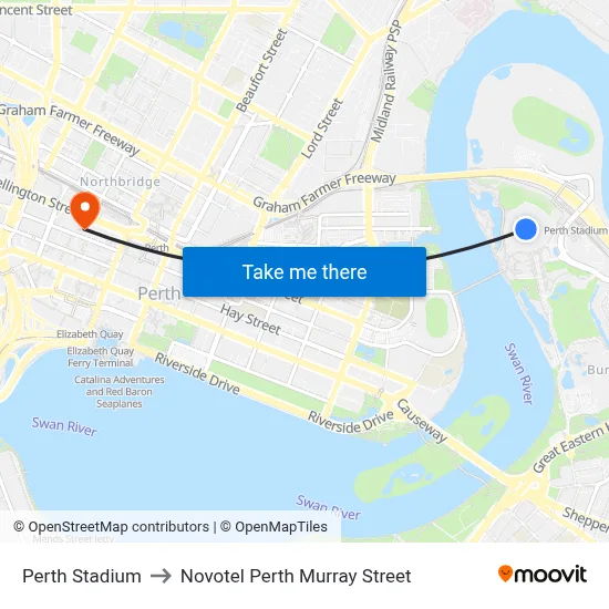 Perth Stadium to Novotel Perth Murray Street map