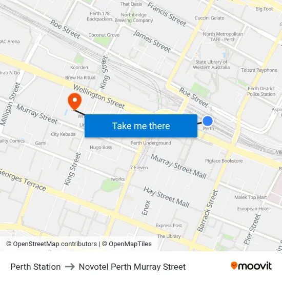 Perth Station to Novotel Perth Murray Street map