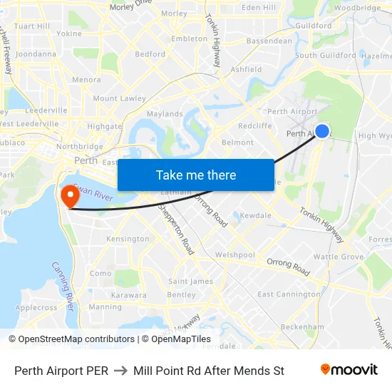 Perth Airport PER to Mill Point Rd After Mends St map