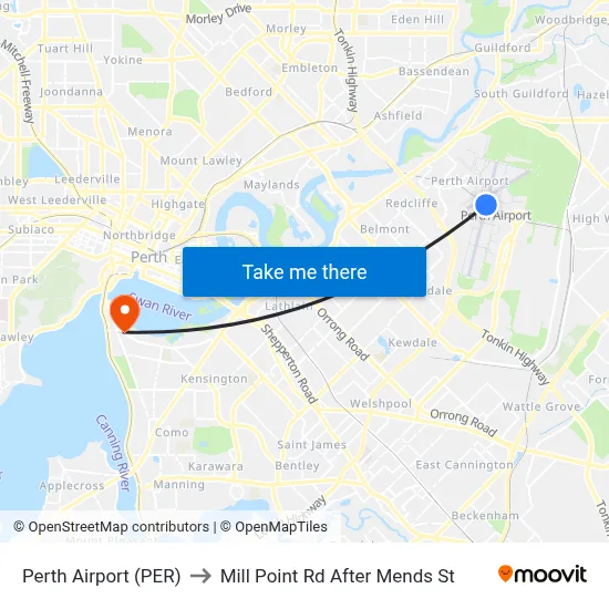 Perth Airport (PER) to Mill Point Rd After Mends St map