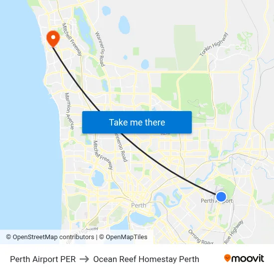 Perth Airport PER to Ocean Reef Homestay Perth map