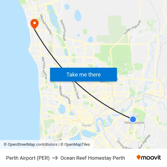 Perth Airport (PER) to Ocean Reef Homestay Perth map