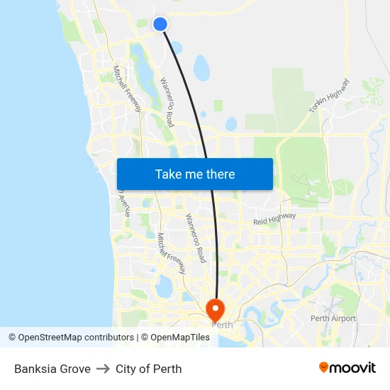 Banksia Grove to City of Perth map