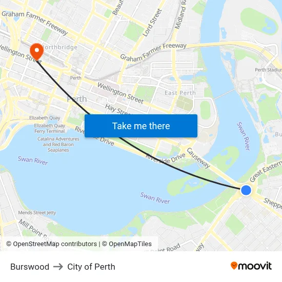 Burswood to City of Perth map