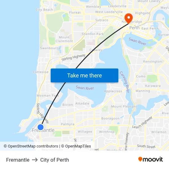 Fremantle to City of Perth map
