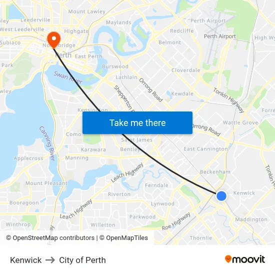 Kenwick to City of Perth map