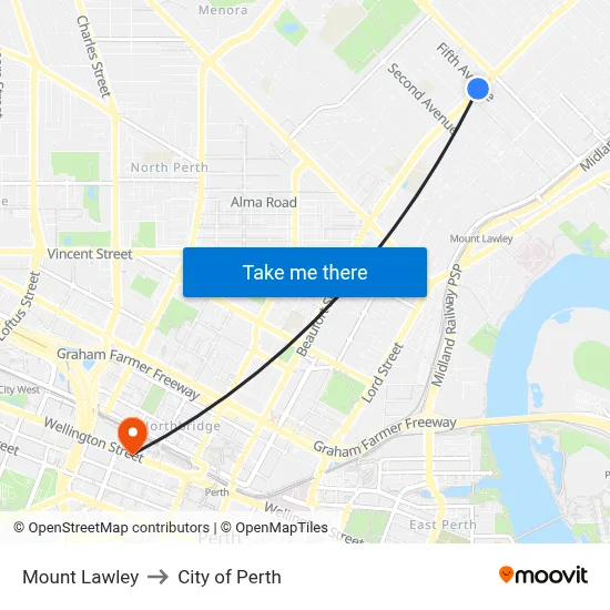 Mount Lawley to City of Perth map