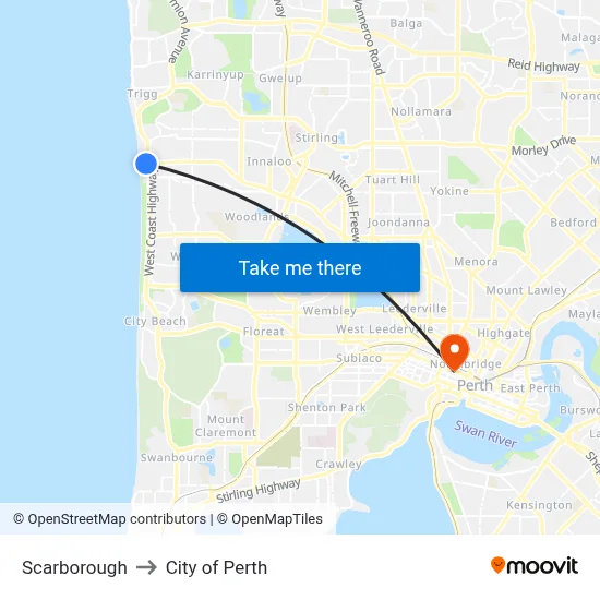 Scarborough to City of Perth map