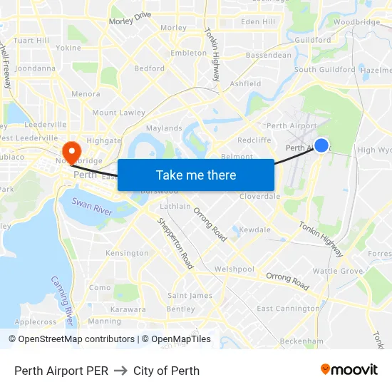 Perth Airport PER to City of Perth map