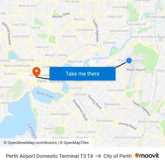 Perth Airport Domestic Terminal T3 T4 to City of Perth map