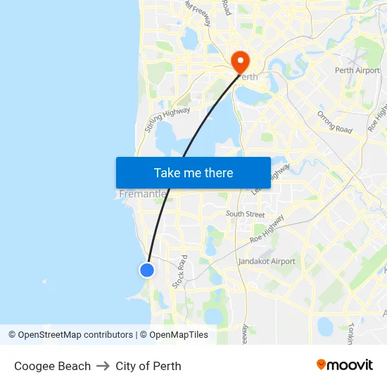 Coogee Beach to City of Perth map