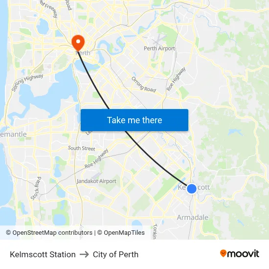 Kelmscott Station to City of Perth map