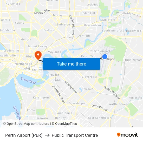 Perth Airport (PER) to Public Transport Centre map