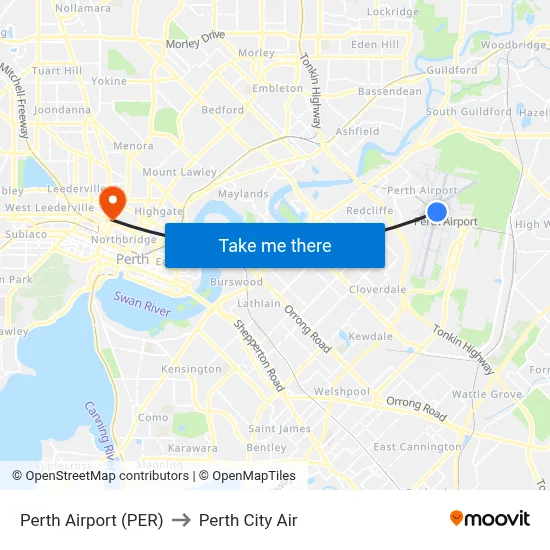 Perth Airport (PER) to Perth City Air map