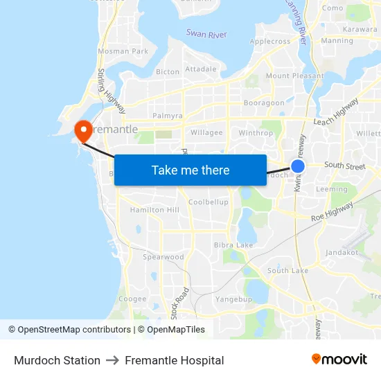 Murdoch Station to Fremantle Hospital map