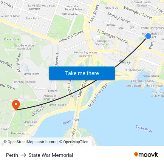 Perth to State War Memorial map